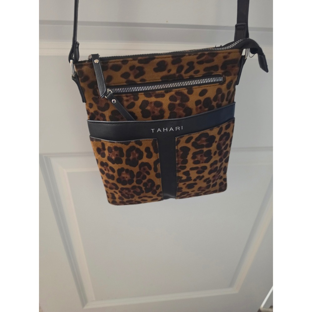 Tahari Leopard Print Crossbody Bag Brown Animal Print Faux Suede Small Messenger - Picture 2 of 8